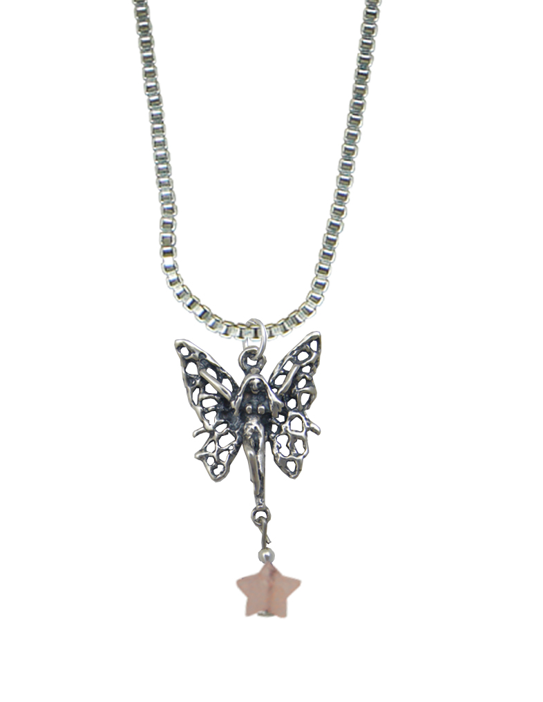 Sterling Silver Filigree Happy Butterfly Fairy Pendant With Lucky Light Pink Star